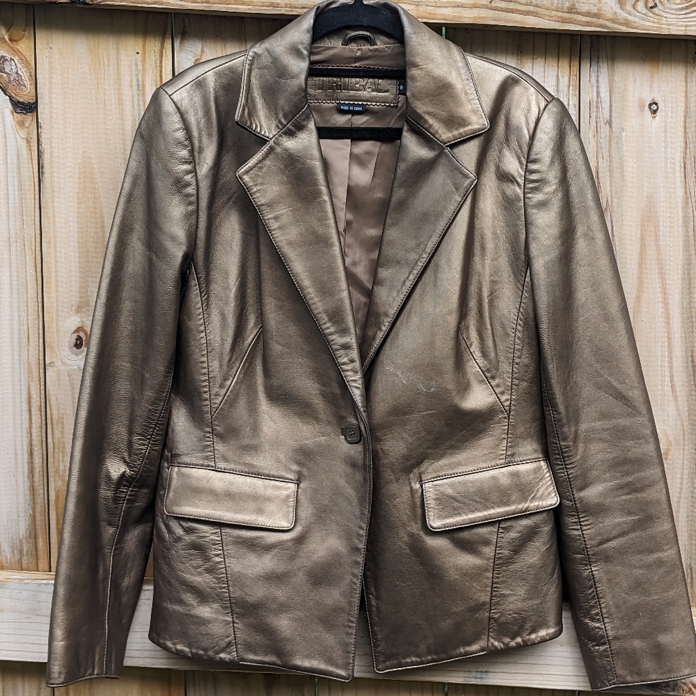 TRIBAL Vintage Y2K Soft Genuine Leather Structured Bronze Blazer 6